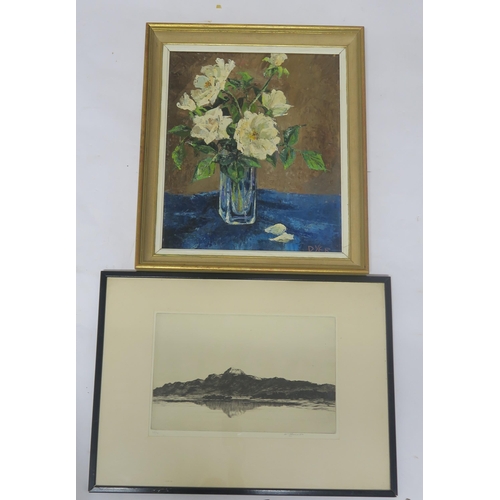 977 - VARIOUS WORKS to include etchings, watercolours and oil paintings (2 boxes, a lot)