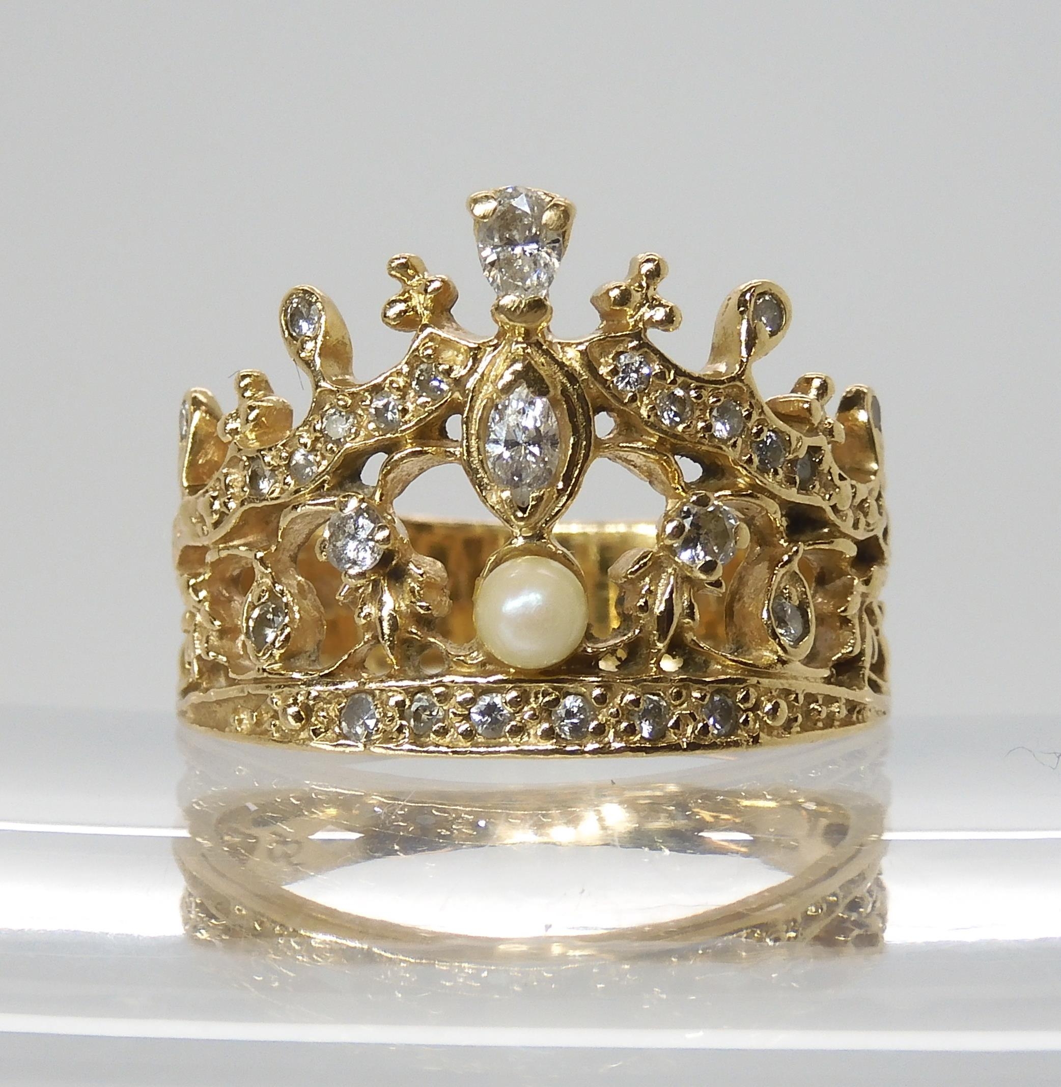 A 14k gold diamond and pearl set tiara ring, by Franklin A 14k gold diamond and pearl set tiara ring, by Franklin