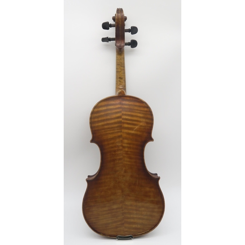 552 - A two piece back violin 35.5cm with label to the interior Beare and Son London with bow and case