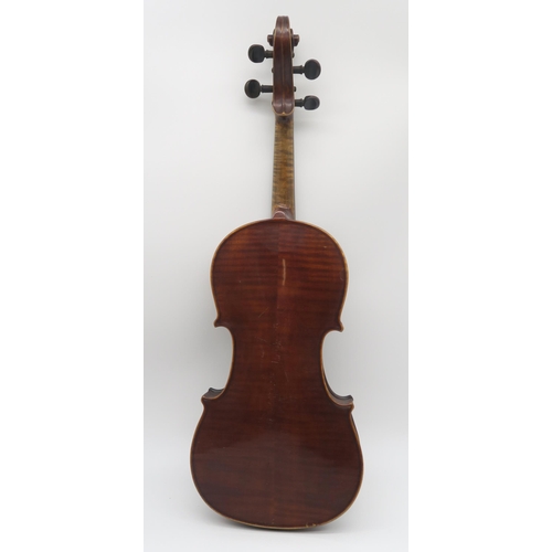 553 - A two piece back violin 36cm with a bow by P & H London in case
