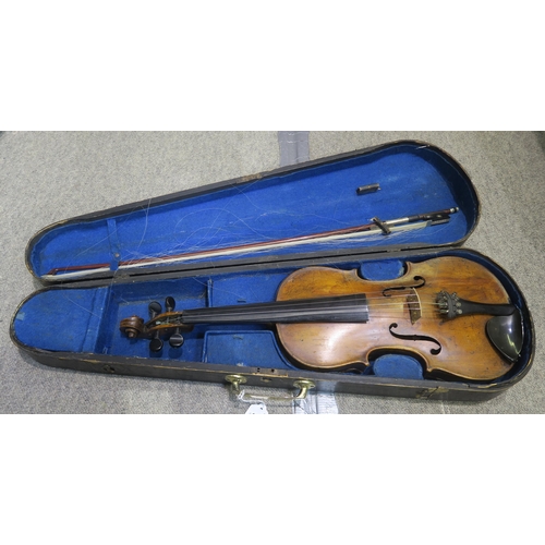 554 - A two piece back violin 35.5cm with bow and case