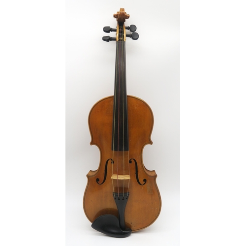 555 - A Conservatory London violin, two piece back 35.5cm with bow and case