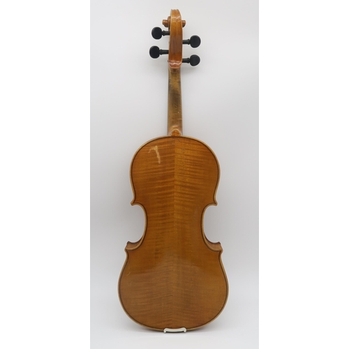 555 - A Conservatory London violin, two piece back 35.5cm with bow and case