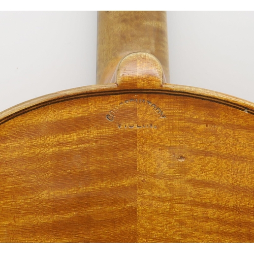 555 - A Conservatory London violin, two piece back 35.5cm with bow and case