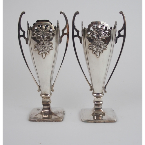 199 - A PAIR OF CHINESE SILVER TWO HANDLED VASES