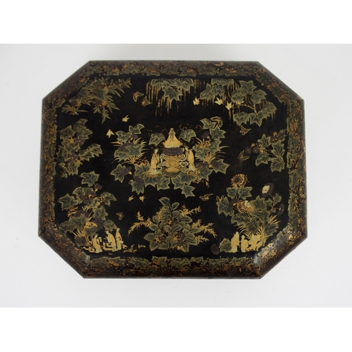 204 - A CANTONESE BLACK AND GOLD LAQUERED SEWING BOX