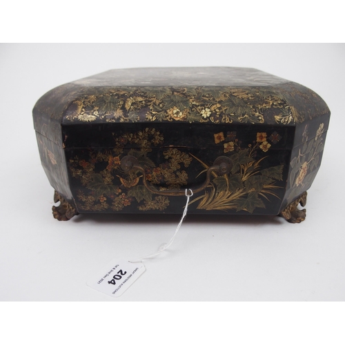 204 - A CANTONESE BLACK AND GOLD LAQUERED SEWING BOX