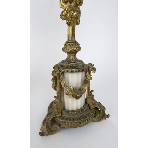 336 - A PAIR OF GILT METAL AND ALABASTER CANDELABRA