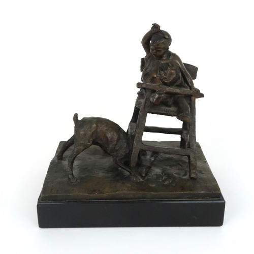 349 - A BRONZE OF A CHILD IN HIGH CHAIR