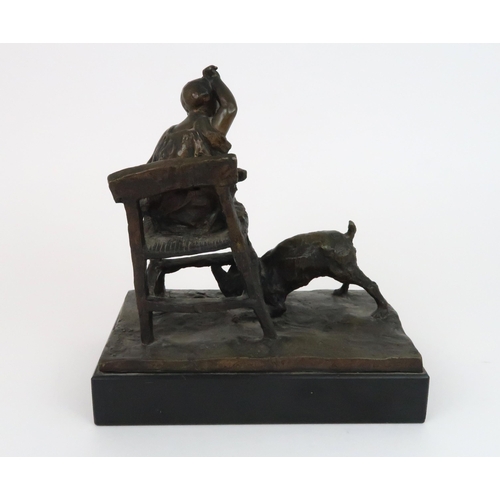 349 - A BRONZE OF A CHILD IN HIGH CHAIR