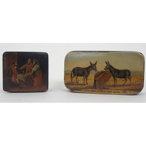 486 - A 19THE CENTURY PAPIER MACHE SNUFF BOX PAINTED WITH DONKEYS