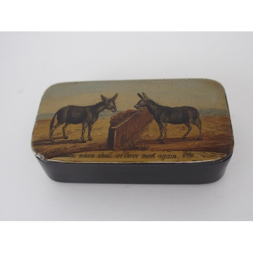 486 - A 19THE CENTURY PAPIER MACHE SNUFF BOX PAINTED WITH DONKEYS