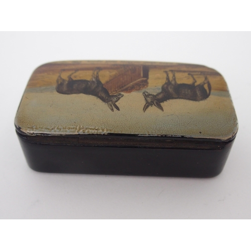 486 - A 19THE CENTURY PAPIER MACHE SNUFF BOX PAINTED WITH DONKEYS