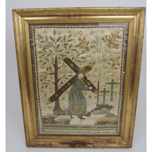 488 - AN ANTIQUE EMBROIDERY OF CHRIST CARRYING THE CROSS