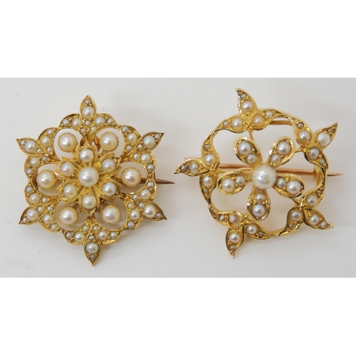 717 - TWO BRIGHT YELLOW METAL PEARL PENDANT BROOCHES