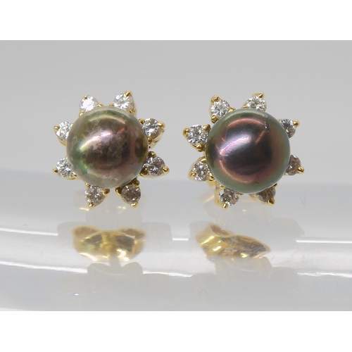 834 - A PAIR OF BRIGHT YELLOW METAL BLACK PEARL & DIAMOND EARRINGS