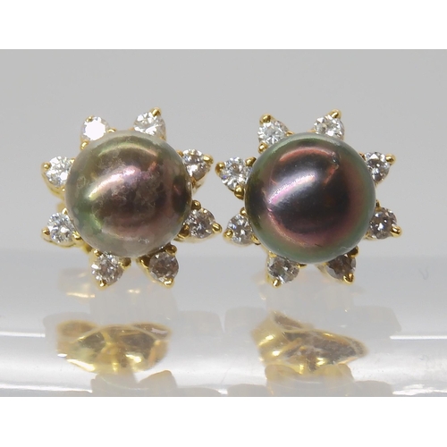 834 - A PAIR OF BRIGHT YELLOW METAL BLACK PEARL & DIAMOND EARRINGS