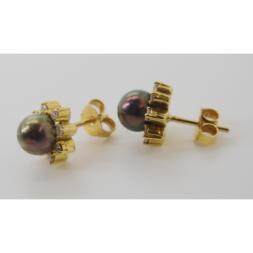 834 - A PAIR OF BRIGHT YELLOW METAL BLACK PEARL & DIAMOND EARRINGS