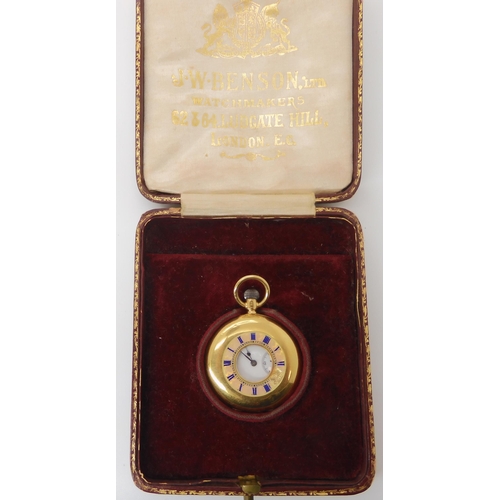 888 - A J.W. BENSON 18CT GOLD HALF HUNTER FOB WATCH