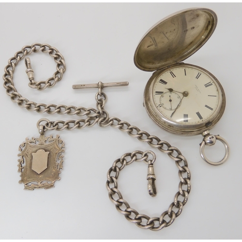 889 - A SILVER CASED FULL HUNTER POCKET WATCH AND CHAIN