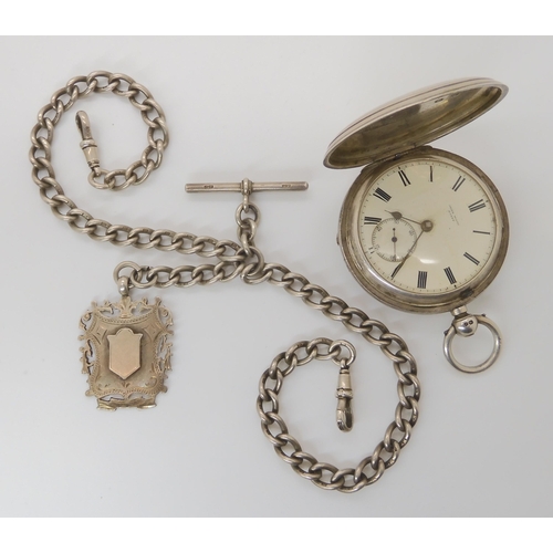 889 - A SILVER CASED FULL HUNTER POCKET WATCH AND CHAIN