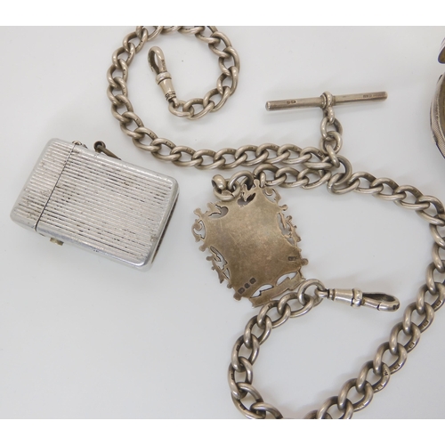 889 - A SILVER CASED FULL HUNTER POCKET WATCH AND CHAIN