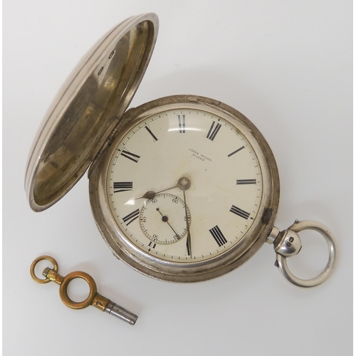 889 - A SILVER CASED FULL HUNTER POCKET WATCH AND CHAIN