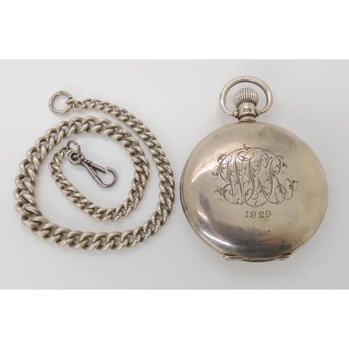 892 - A SILVER CASED POCKET WATCH AND CHAIN