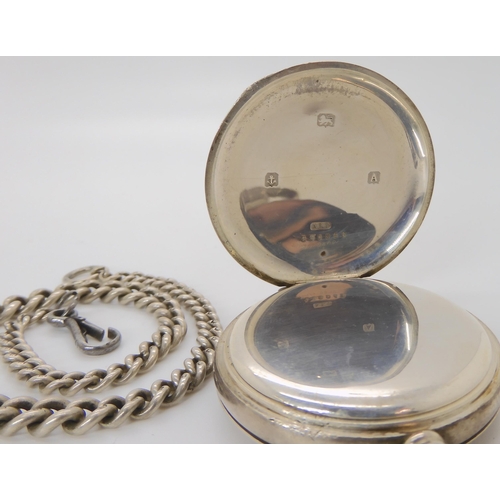 892 - A SILVER CASED POCKET WATCH AND CHAIN