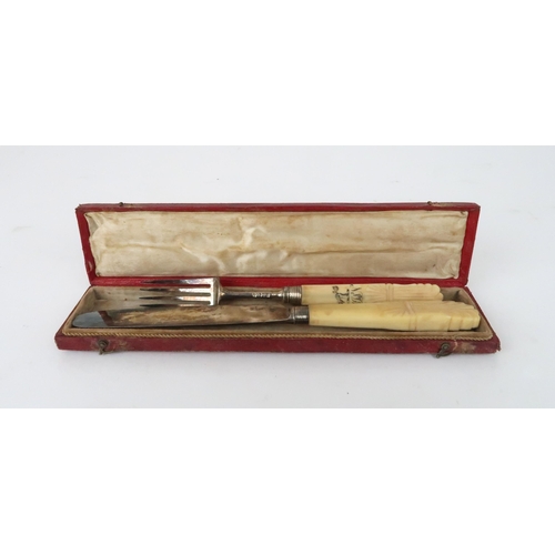 913 - A CASED LATE GEORGE III SILVER & IVORY HANDLED KNIFE & FORK SET