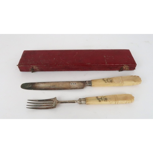 913 - A CASED LATE GEORGE III SILVER & IVORY HANDLED KNIFE & FORK SET