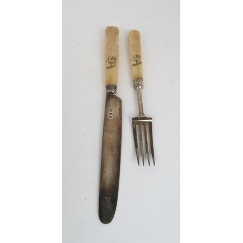 913 - A CASED LATE GEORGE III SILVER & IVORY HANDLED KNIFE & FORK SET