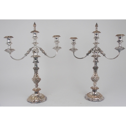 919 - A PAIR OF LATE 19th / EARLY 20th CENTURY THREE LIGHT CANDELABRA