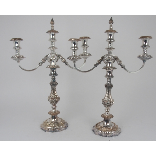 919 - A PAIR OF LATE 19th / EARLY 20th CENTURY THREE LIGHT CANDELABRA