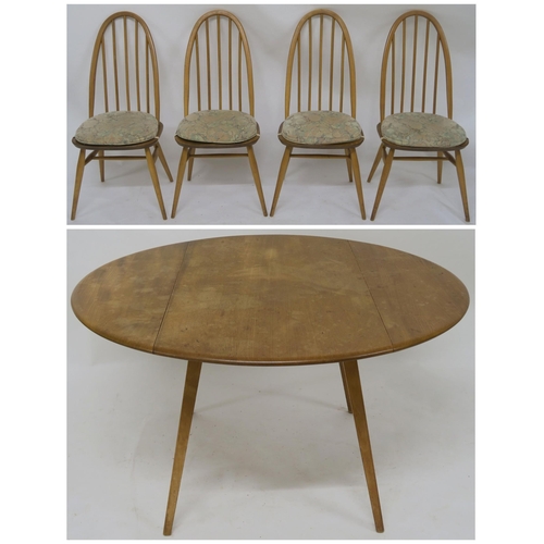 140 - A MID CENTURY ELM & BEECH ERCOL 384 DROPLEAF DINING TABLE & FOUR ERCOL 365 QUAKER WINDOR CHAIRS