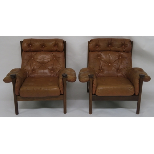 154 - A PAIR OF MID 20TH CENTURY GUY ROGERS FOR HEALS SANTA FE BUTTON BACK TAN LEATHER ARMCHAIRS