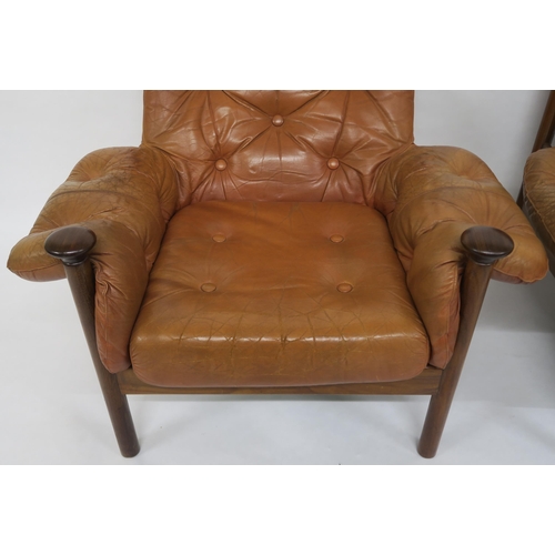 154 - A PAIR OF MID 20TH CENTURY GUY ROGERS FOR HEALS SANTA FE BUTTON BACK TAN LEATHER ARMCHAIRS