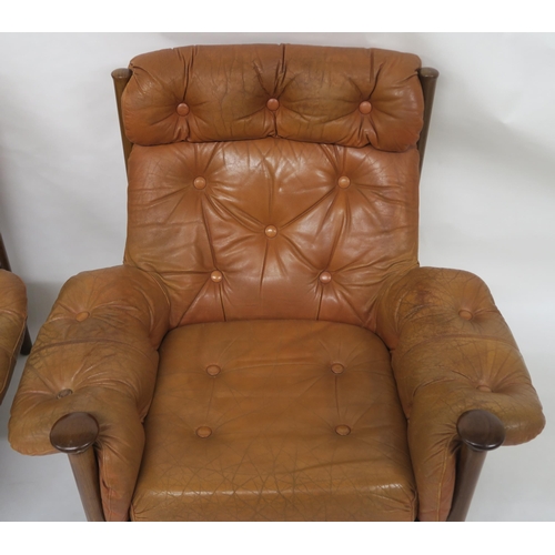 154 - A PAIR OF MID 20TH CENTURY GUY ROGERS FOR HEALS SANTA FE BUTTON BACK TAN LEATHER ARMCHAIRS