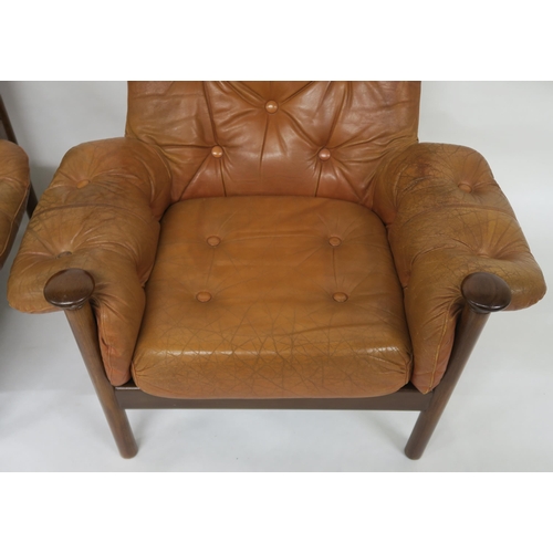 154 - A PAIR OF MID 20TH CENTURY GUY ROGERS FOR HEALS SANTA FE BUTTON BACK TAN LEATHER ARMCHAIRS