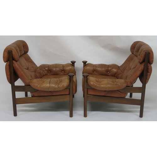 154 - A PAIR OF MID 20TH CENTURY GUY ROGERS FOR HEALS SANTA FE BUTTON BACK TAN LEATHER ARMCHAIRS