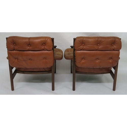 154 - A PAIR OF MID 20TH CENTURY GUY ROGERS FOR HEALS SANTA FE BUTTON BACK TAN LEATHER ARMCHAIRS