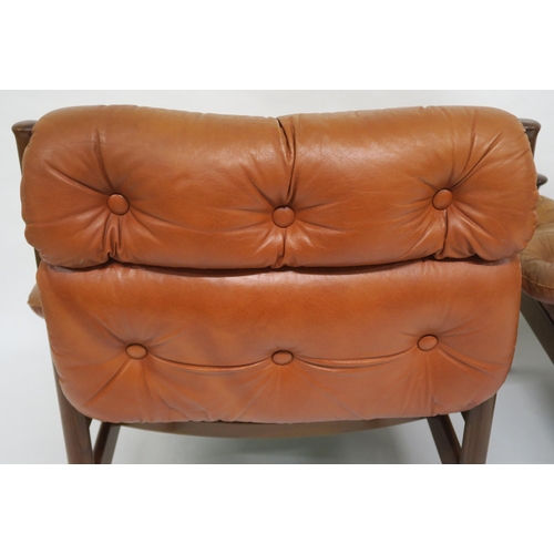 154 - A PAIR OF MID 20TH CENTURY GUY ROGERS FOR HEALS SANTA FE BUTTON BACK TAN LEATHER ARMCHAIRS