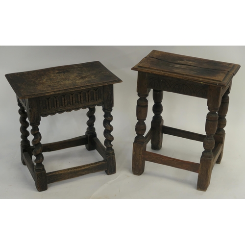 6 - TWO OAK JOINED STOOLS