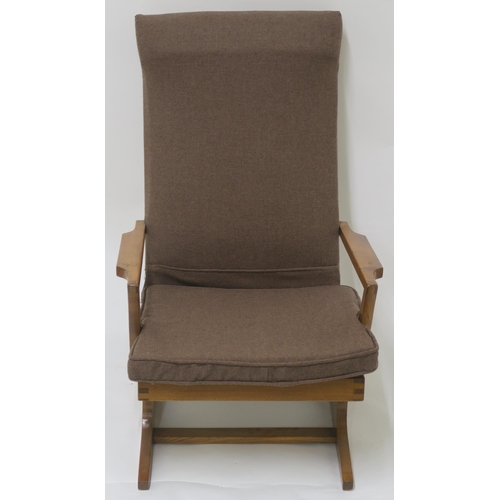 123B - A MID CENTURY  UPHOLSTERED ELM ARMCHAIR