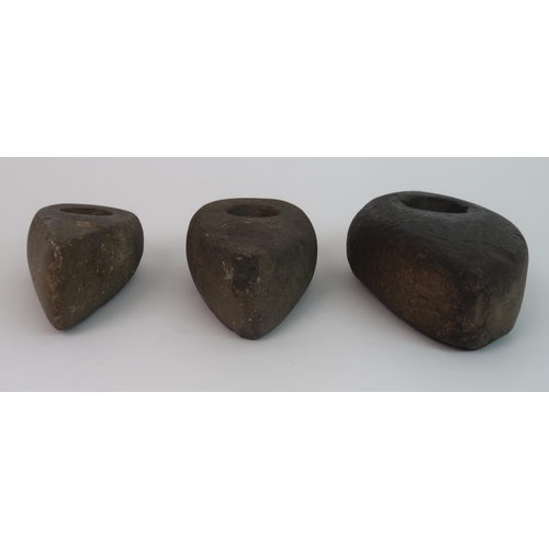 186 - THREE ANCIENT BRITISH STONE CARVED AXE HEADS