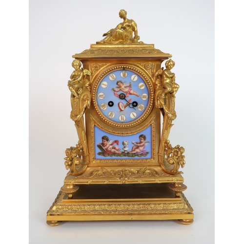 261 - A FRENCH ORMOLU AND PORCELAIN CLOCK AND GARNITURE