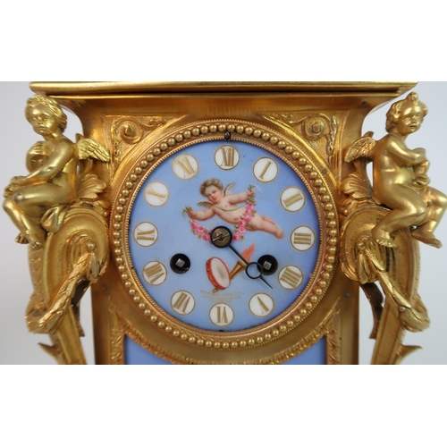 261 - A FRENCH ORMOLU AND PORCELAIN CLOCK AND GARNITURE