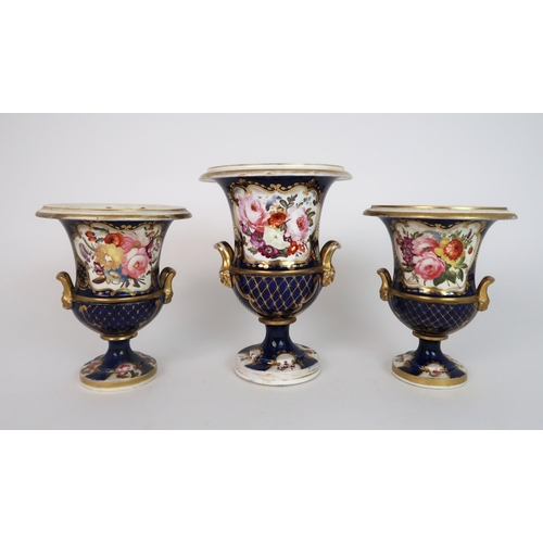 265 - A GARNITURE OF COALPORT STYLE TWO HANDLED URNS