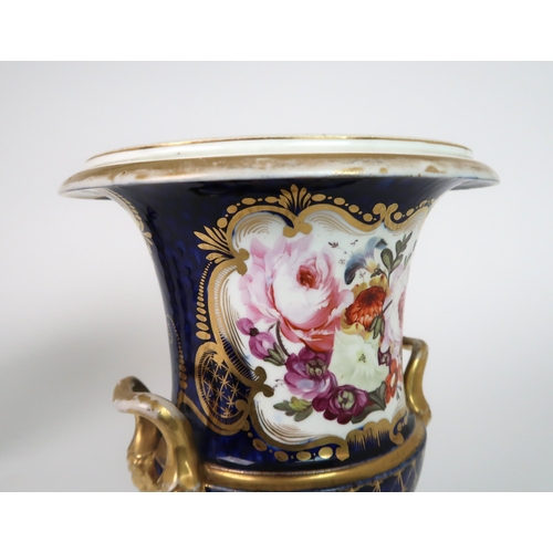 265 - A GARNITURE OF COALPORT STYLE TWO HANDLED URNS