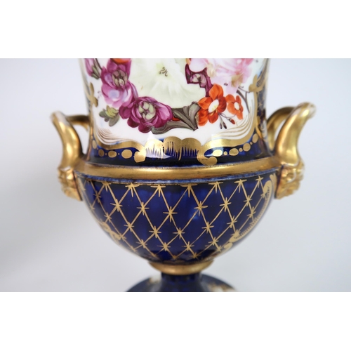 265 - A GARNITURE OF COALPORT STYLE TWO HANDLED URNS